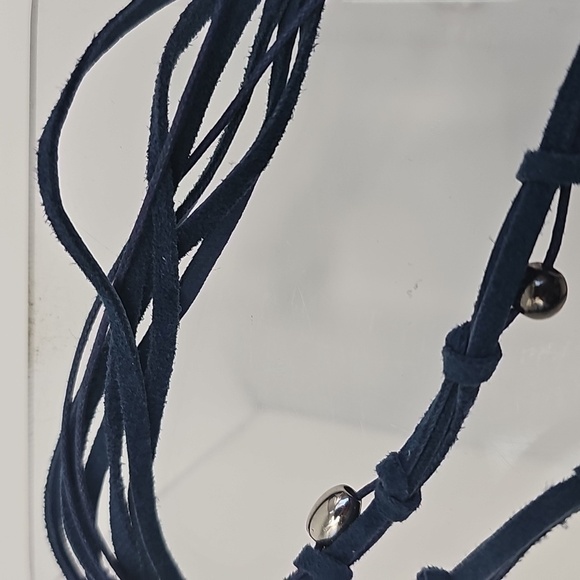 Chico's Denim Blue Suede Boho Necklace w Silver Baubles & Fringe Pendant Western - Picture 7 of 13